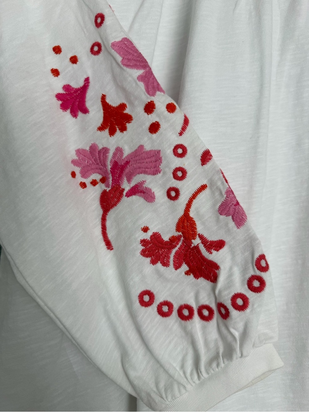 Joules White Peasant Blouse with Pink & Red Floral Sleeve Embroidery - Picture 3 of 4